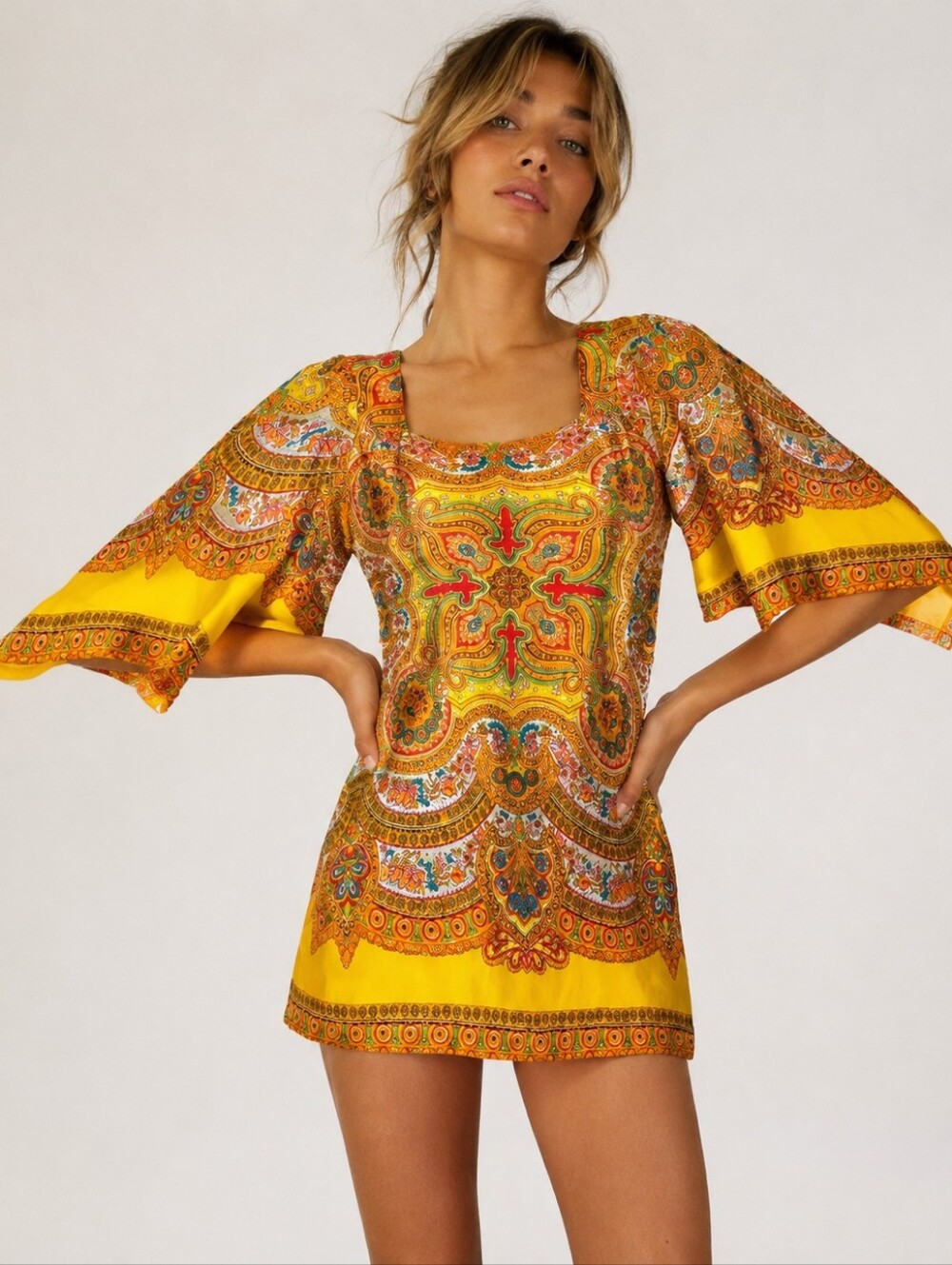 Vintage 70s Psychedelic Mini Dress Bell Sleeve Womens XS Small